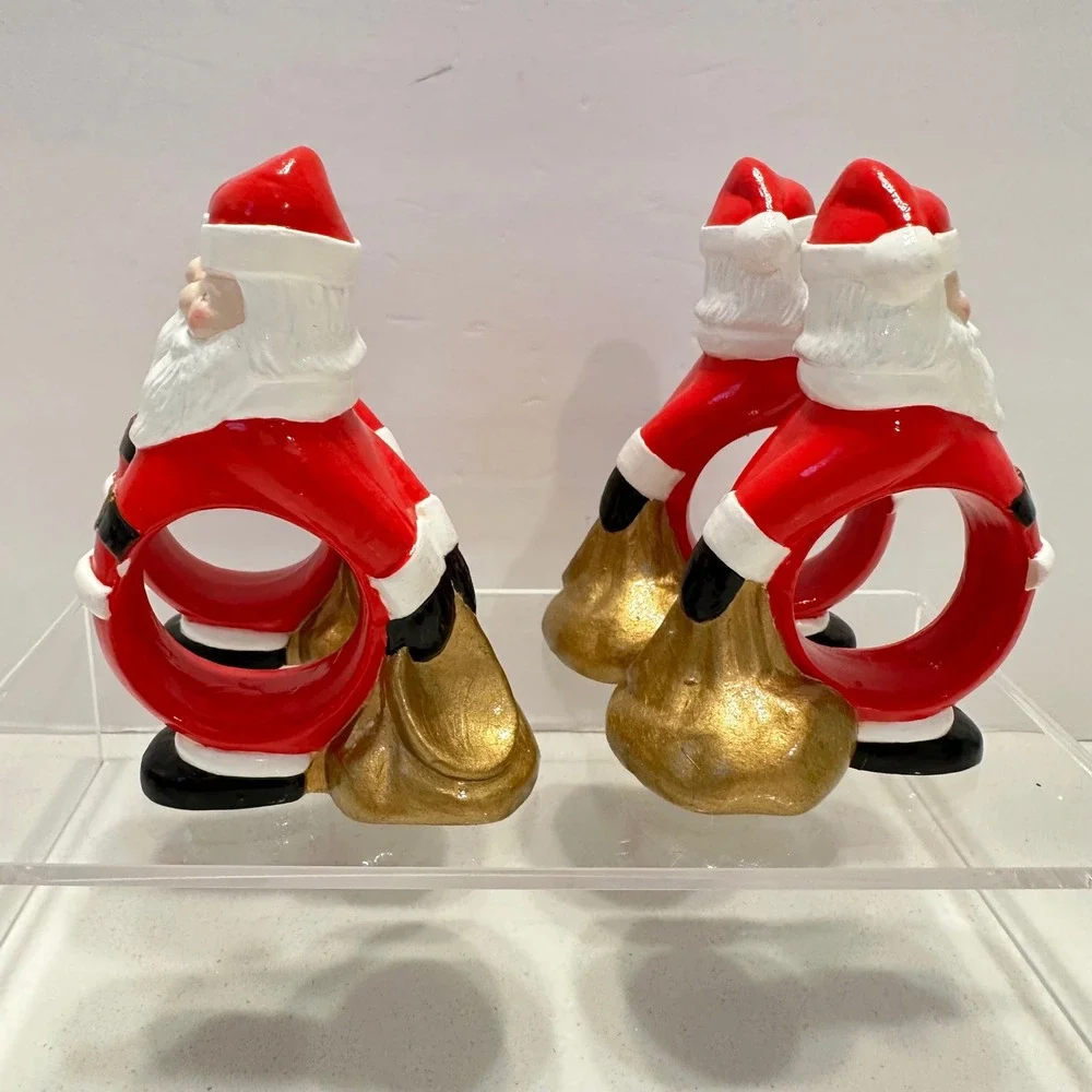 Vintage 60s Santa‎ Claus Napkin Rings Handpainted Ceramic Red Gold Set of 4 MCM